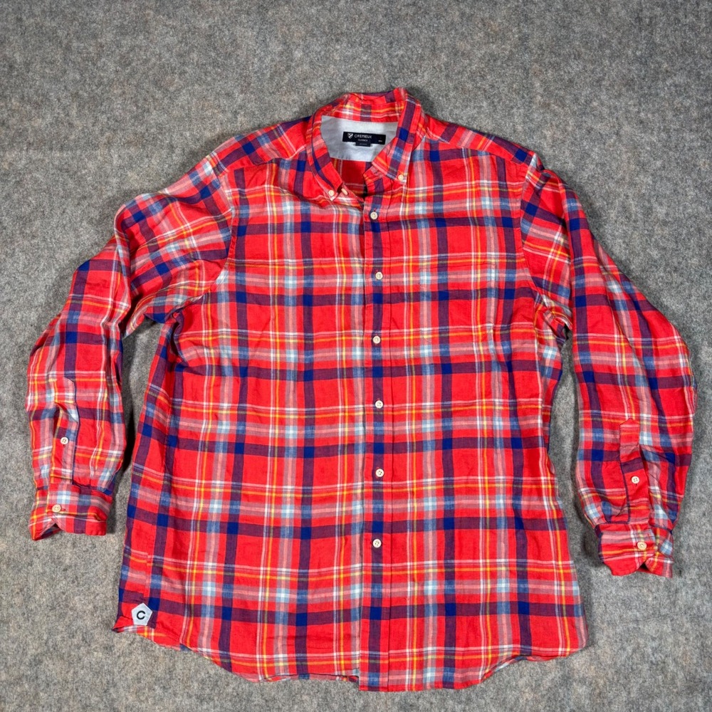 Cremieux Classics Linen Shirt Mens Large Red Blue Plaid Button Down Colorful